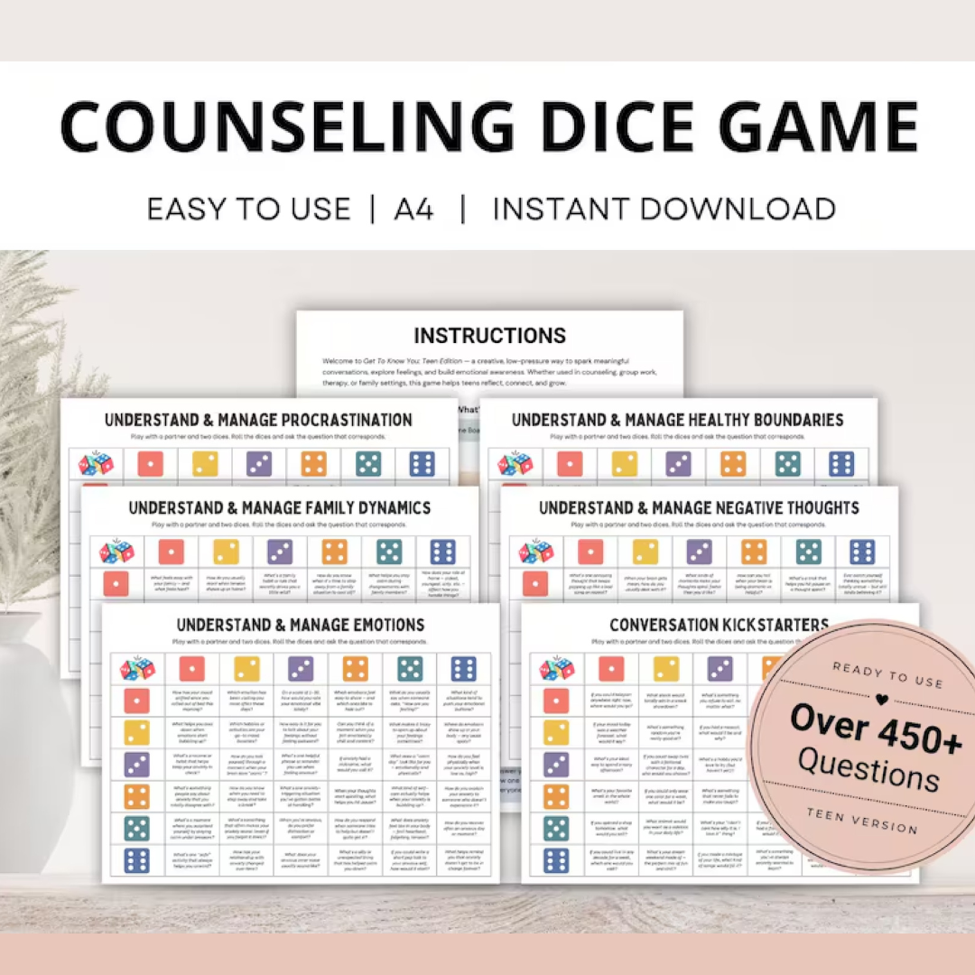 School Counseling Dice Game for Teens, Youth Group Therapy Game, Therapeutic Table Talk Questions for Anxiety, Depression, Emotions, Anger