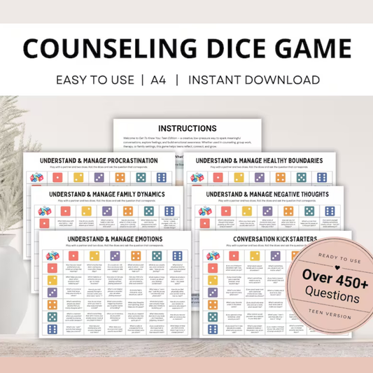 School Counseling Dice Game for Teens, Youth Group Therapy Game, Therapeutic Table Talk Questions for Anxiety, Depression, Emotions, Anger