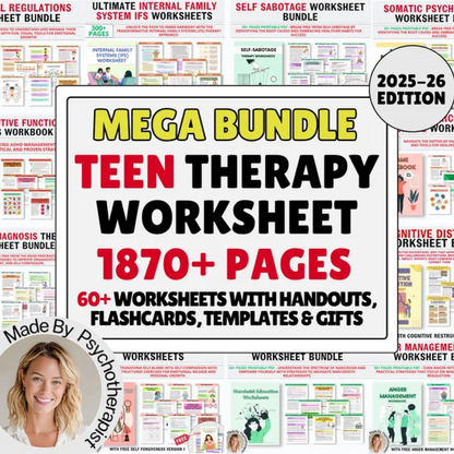Teen Therapy Mega Worksheet Bundle, Therapy Workbook, Therapist Journal Anxiety, Psychology Kids Mental Health, Teenagers Coping Skills, GAD