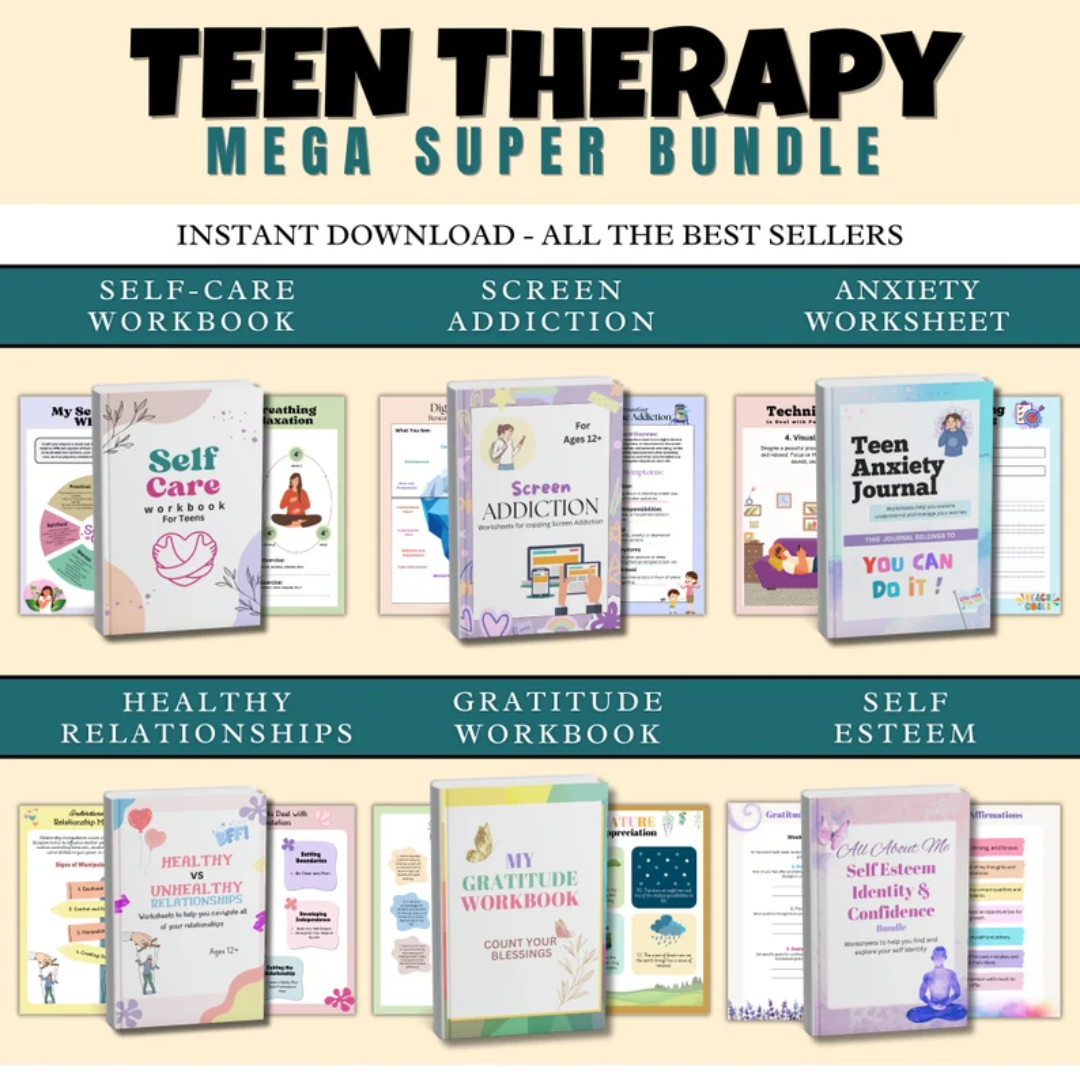 Teen Therapy Mega Bundle, Mental Health Tools, Therapy Worksheets, Digital Therapy Bundle, Self-Care Activities